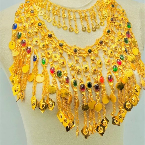 Golden Tone Choker Necklace With Long Dangling Tassels, Afghan Jewelry, Nomadic - Picture 5 of 13